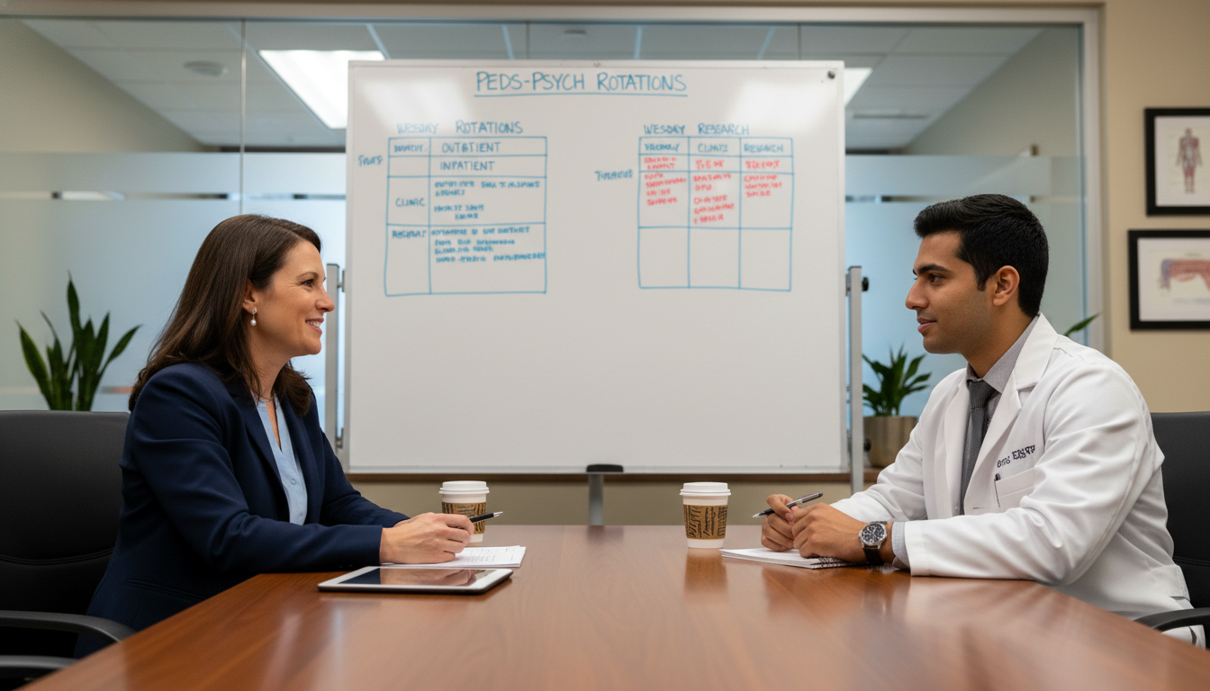 Program director speaking with international pediatric-psychiatry resident in hospital conference room Program director speaking with international pediatric-psychiatry resident in hospital conference room - non-US citizen IMG f