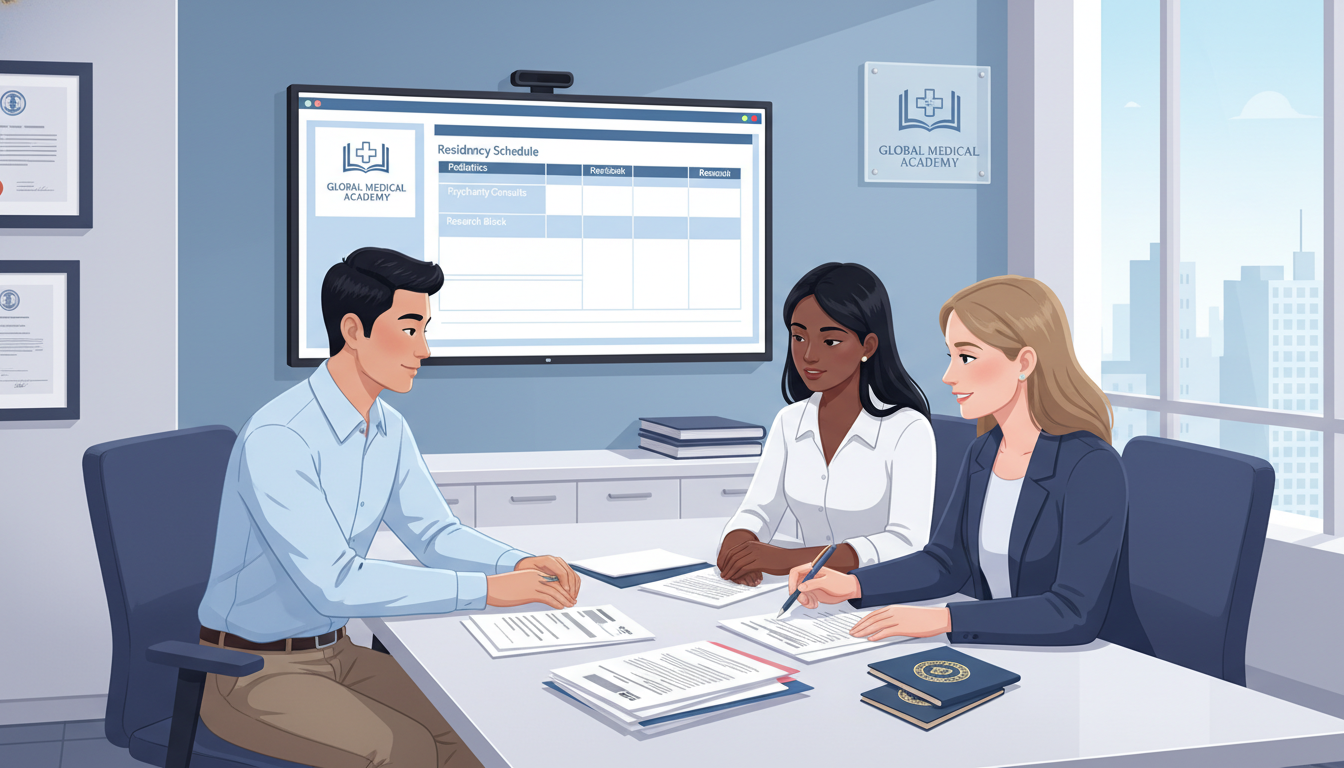 International residents discussing visa and career planning with GME coordinator International residents discussing visa and career planning with GME coordinator - non-US citizen IMG for Questions to Ask Pr