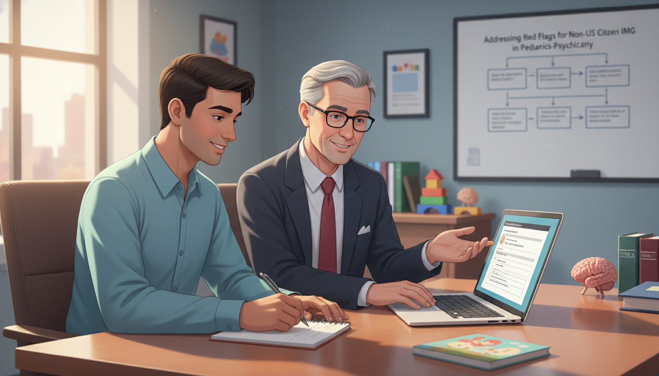 Non-US citizen IMG discussing application red flags with a mentor Non-US citizen IMG discussing application red flags with a mentor - non-US citizen IMG for Addressing Red Flags for Non-US Ci