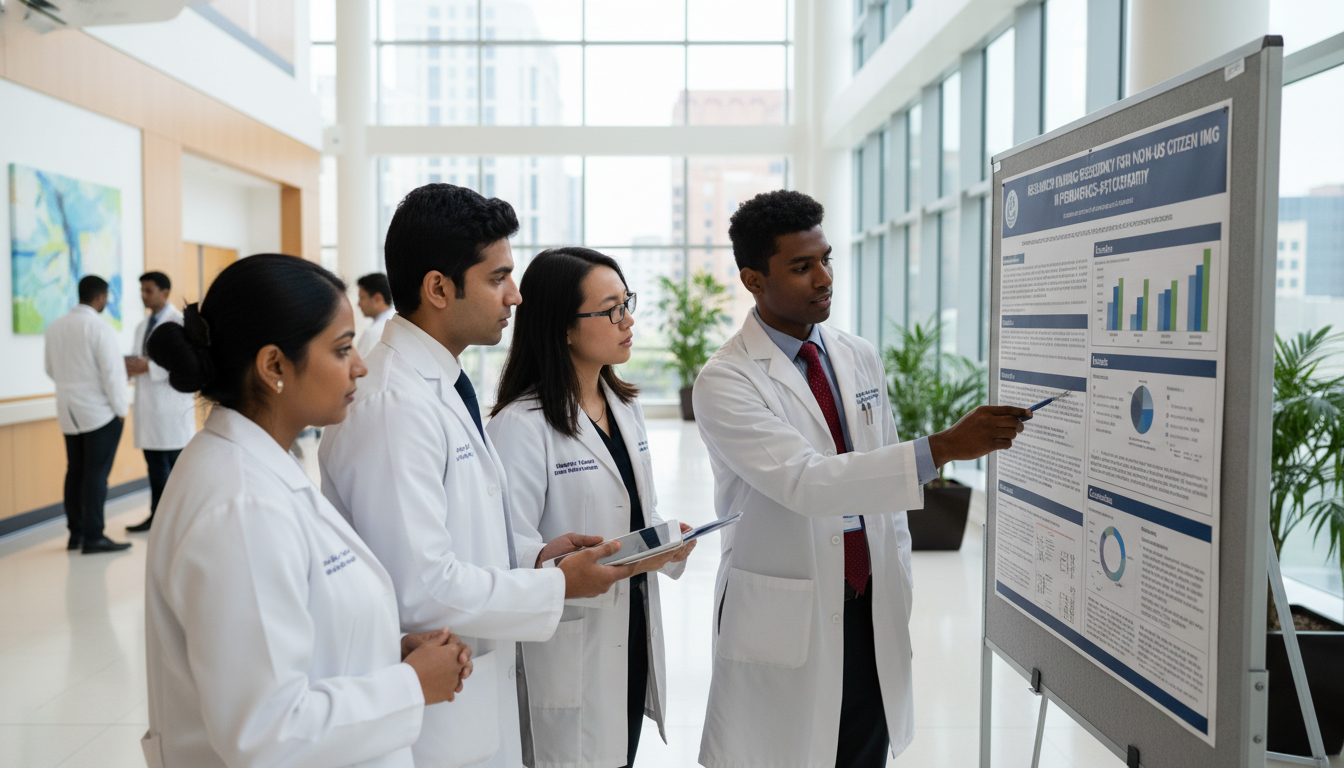 Pediatrics-psychiatry residents discussing a research poster Pediatrics-psychiatry residents discussing a research poster - non-US citizen IMG for Research During Residency for Non-US Ci