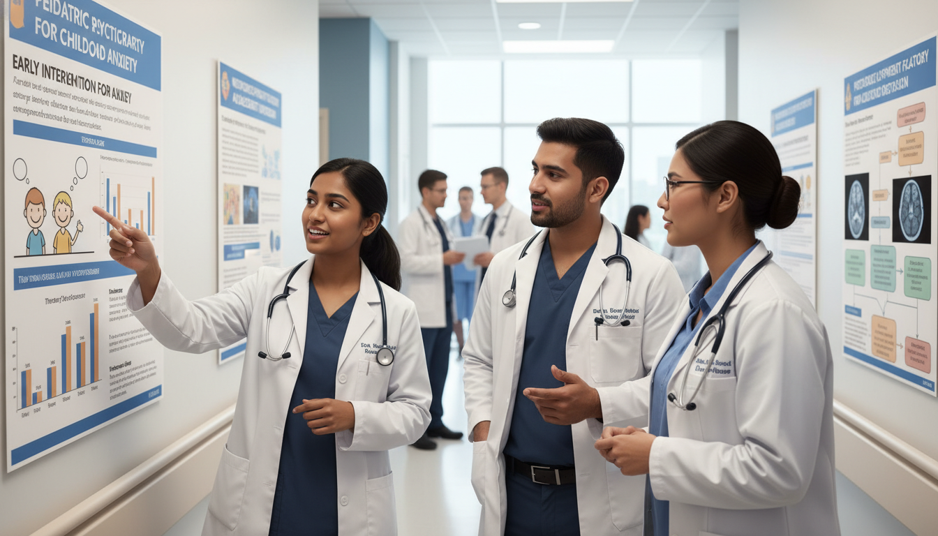 Resident team discussing pediatric-psychiatry research posters - non-US citizen IMG for Research Profile Building for Non-US