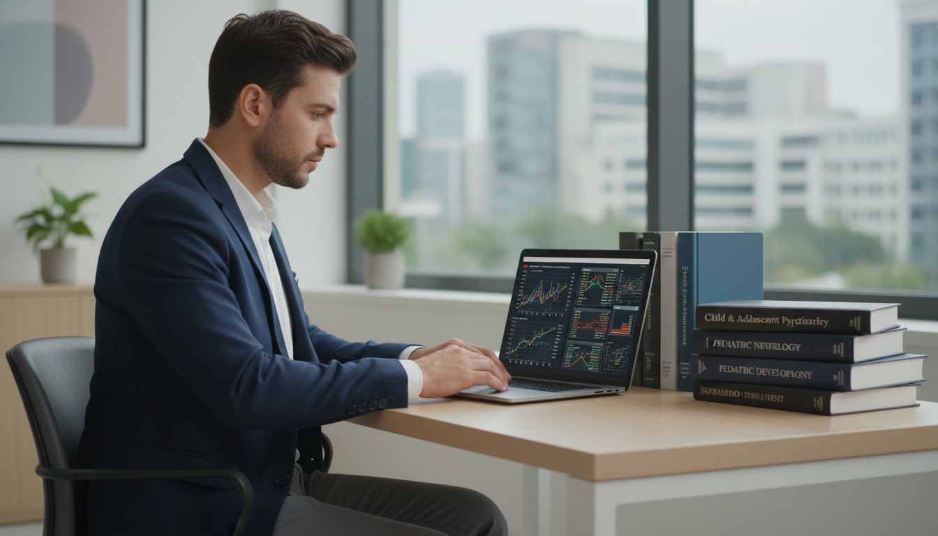 Non-US IMG analyzing pediatric-psychiatry research data on laptop - non-US citizen IMG for Research Profile Building for Non-