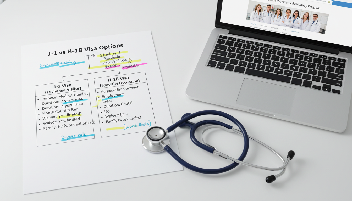 Flowchart comparing J-1 vs H-1B pathways for IMG residency Flowchart comparing J-1 vs H-1B pathways for IMG residency - non-US citizen IMG for Visa Navigation for Residency for Non-US