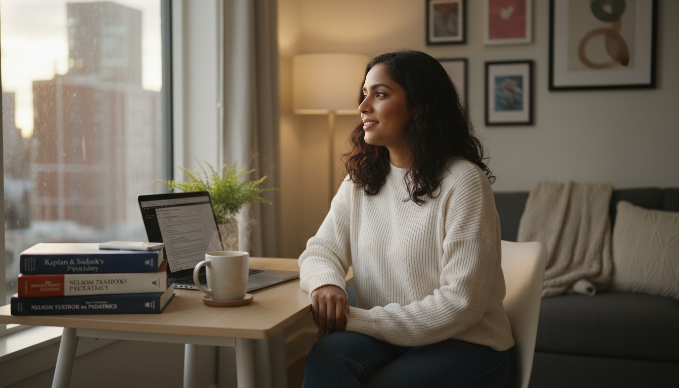 Peds-psych resident studying and relaxing at home Peds-psych resident studying and relaxing at home - non-US citizen IMG for Work-Life Balance Assessment for Non-US Citizen IM