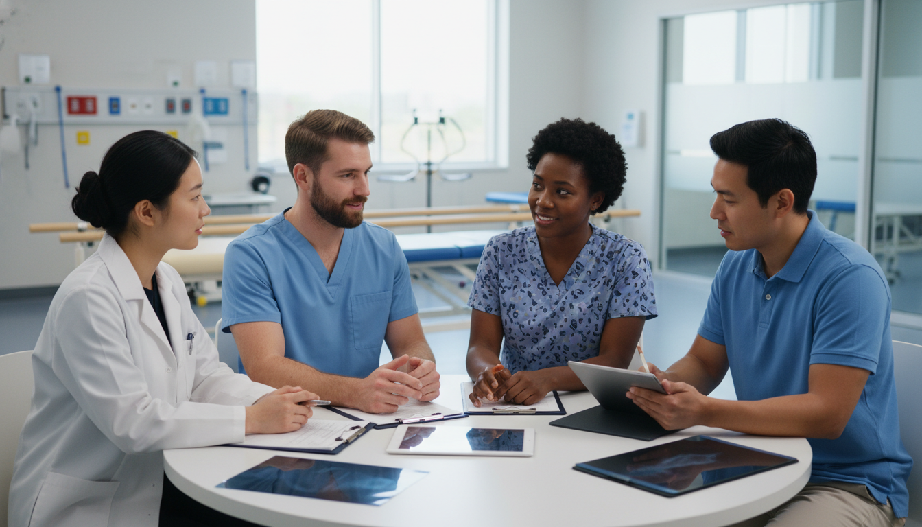 Physiatry resident discussing patient case with multidisciplinary rehabilitation team - non-US citizen IMG for Pre-Interview