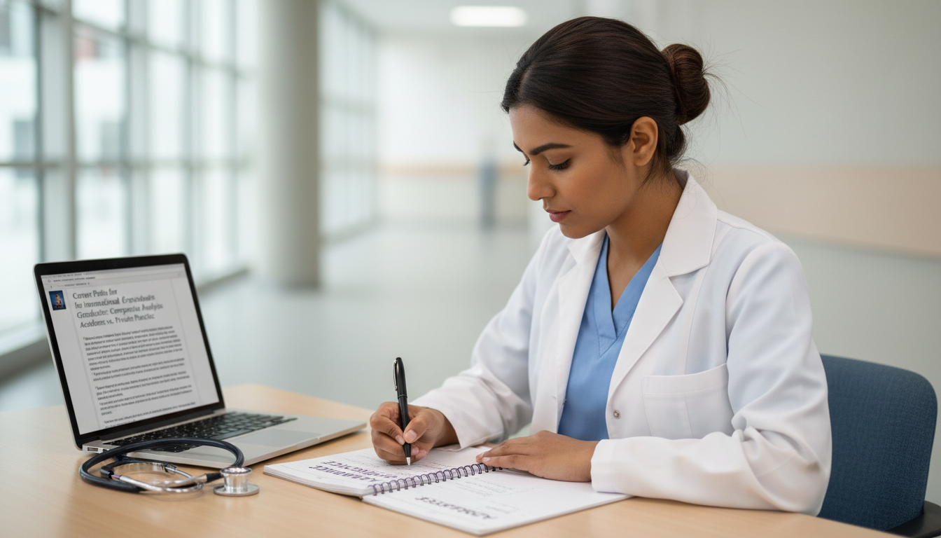 International medical graduate doctor comparing benefits of academic versus private practice on a notepad International medical graduate doctor comparing benefits of academic versus private practice on a notepad - non-US citizen IM