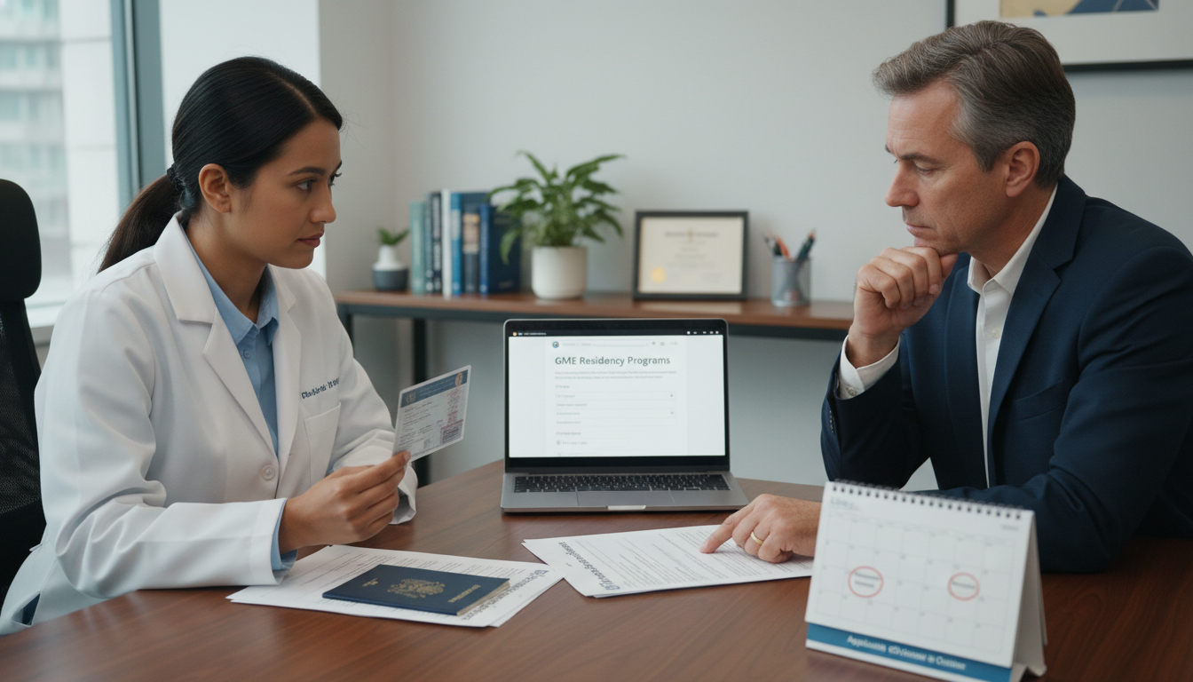 Non-US citizen IMG discussing visa and job options with program director Non-US citizen IMG discussing visa and job options with program director - non-US citizen IMG for Job Search Timing for Non-U