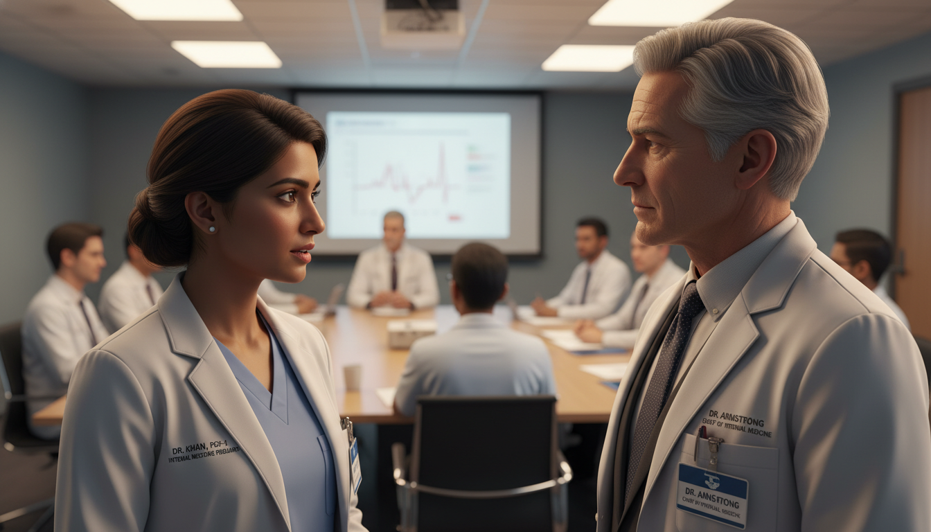 Resident physician networking with mentor during a hospital teaching conference - non-US citizen IMG for Networking in Medici