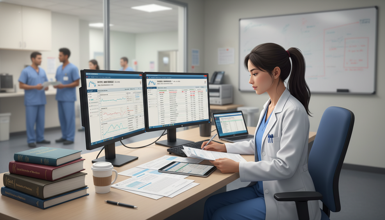 Resident physician reviewing medical cases and clinical notes Resident physician reviewing medical cases and clinical notes - non-US citizen IMG for Pre-Interview Preparation for Non-US C