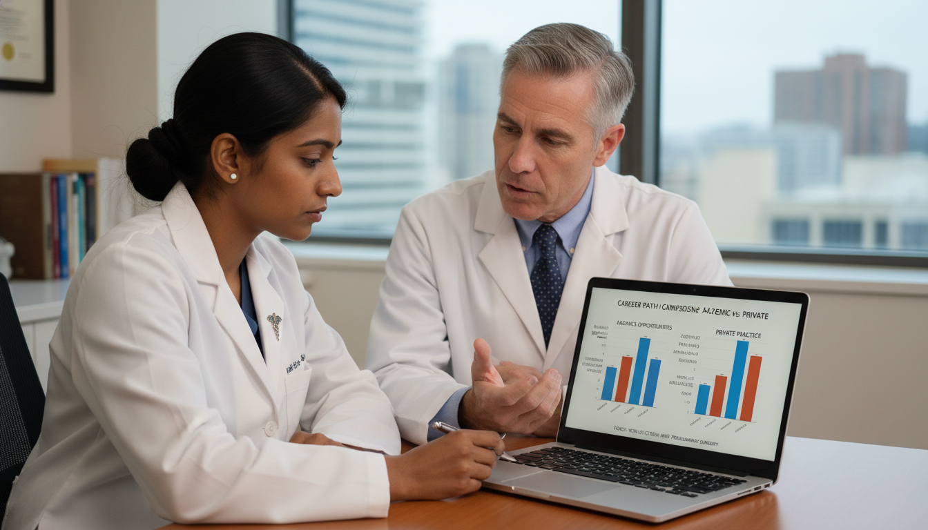 Non-US citizen IMG surgeon discussing career options with mentor Non-US citizen IMG surgeon discussing career options with mentor - non-US citizen IMG for Academic vs Private Practice for No