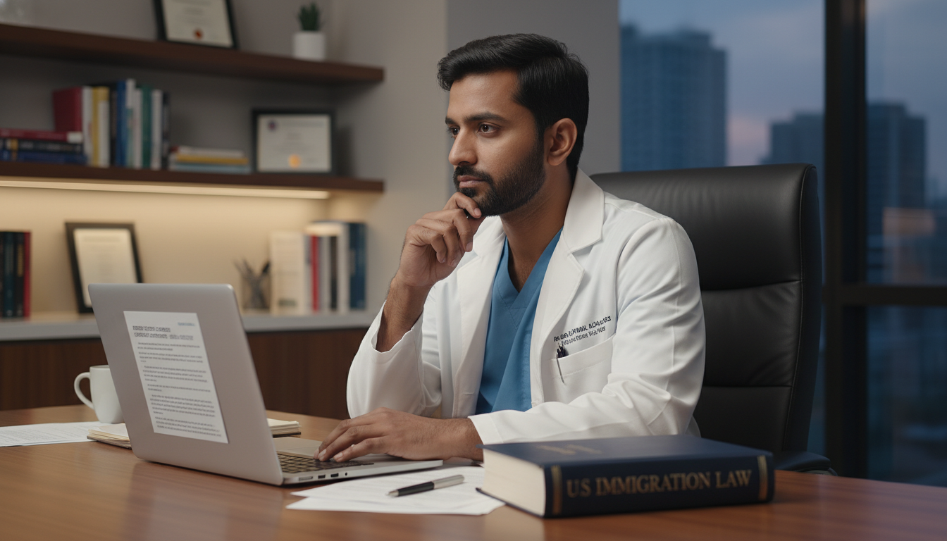 International medical graduate in surgical scrubs reviewing visa options International medical graduate in surgical scrubs reviewing visa options - non-US citizen IMG for H-1B Sponsorship Programs f