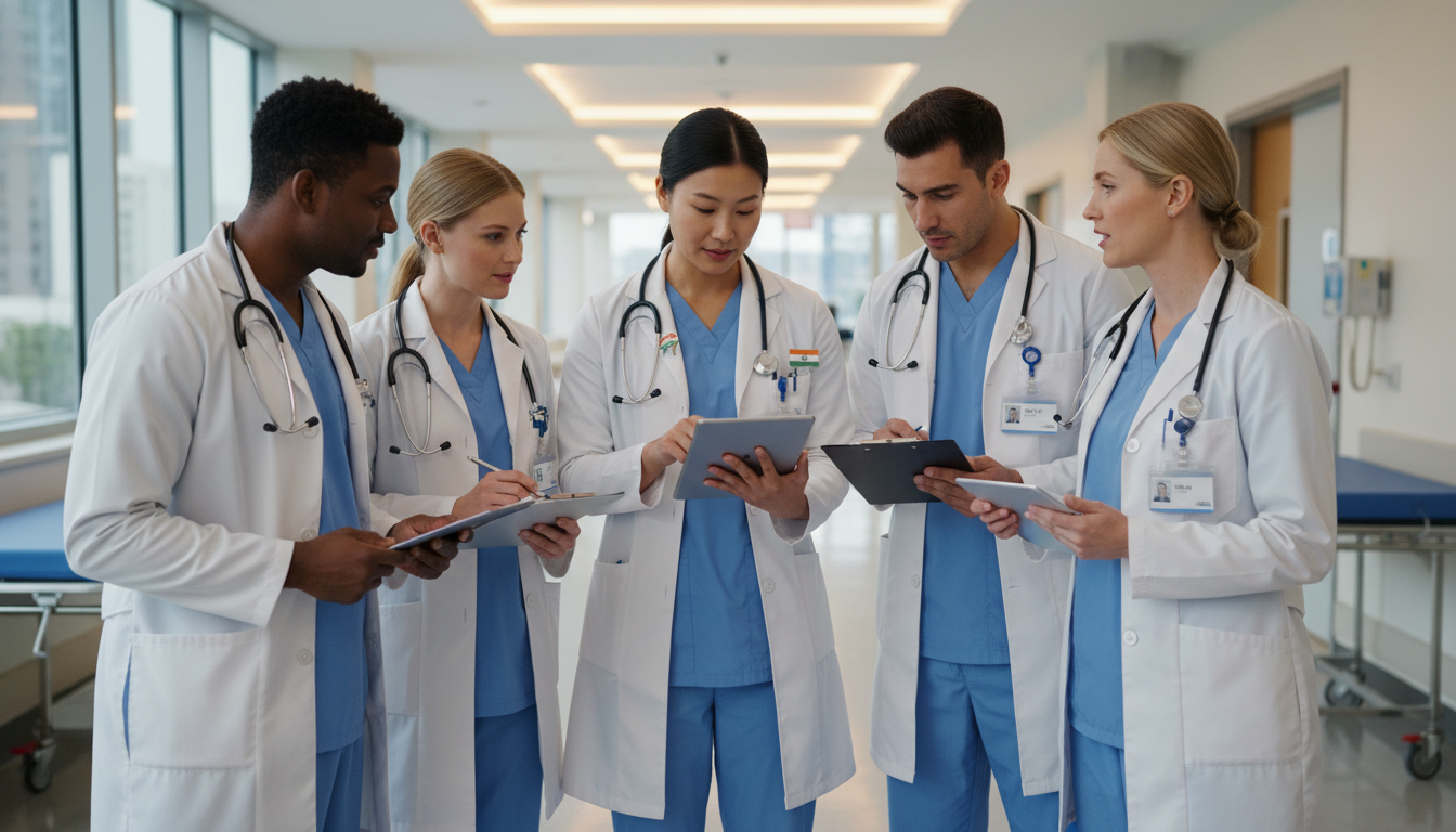 Surgical residents in a hospital hallway discussing patient care - non-US citizen IMG for Common Interview Questions for Non-