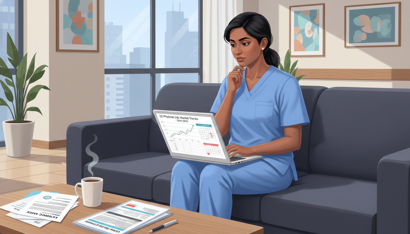 Non-US citizen IMG in preliminary surgery researching physician job market and timing on a laptop - non-US citizen IMG for Jo