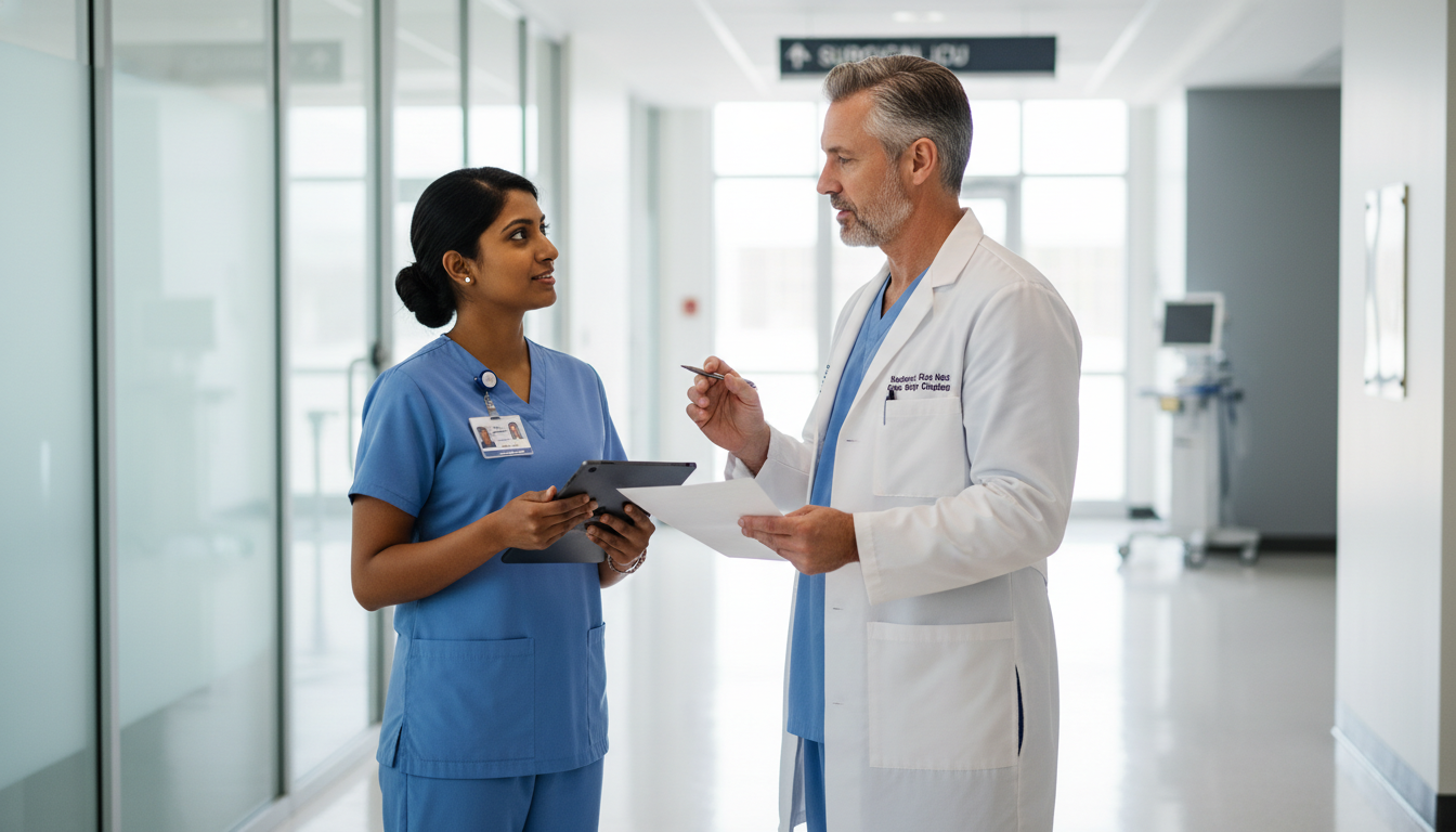 Preliminary surgery resident discussing a case with attending surgeon - non-US citizen IMG for Networking in Medicine for Non