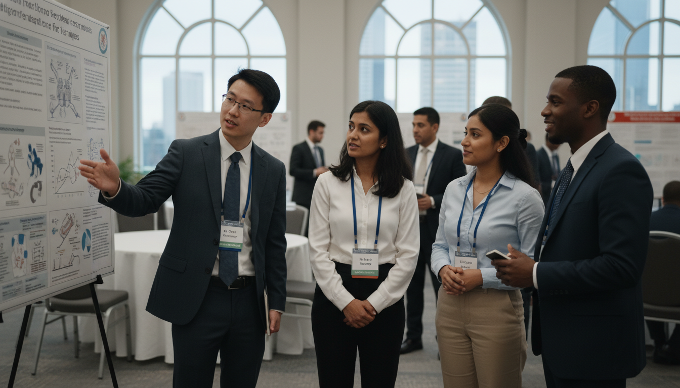 Surgical residents networking at a medical conference poster session - non-US citizen IMG for Networking in Medicine for Non-