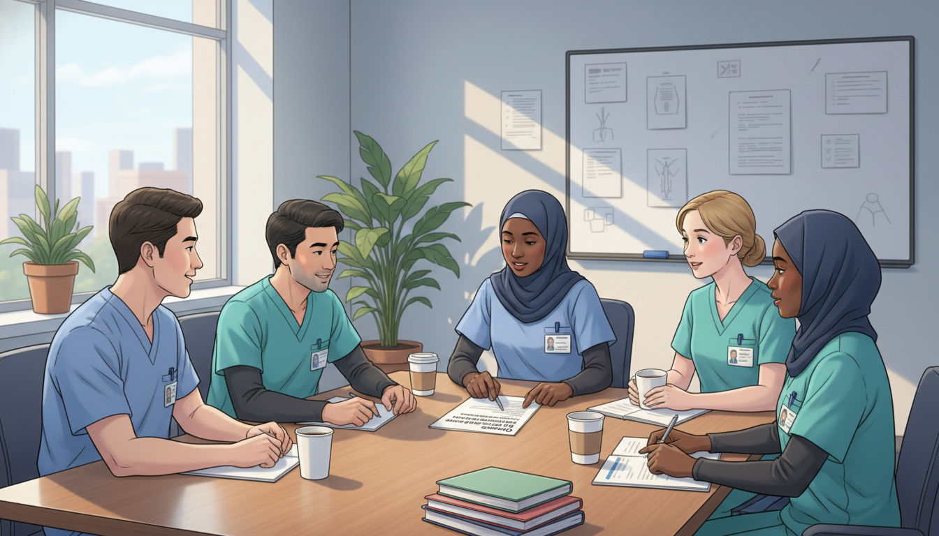 Surgery residents discussing program details with international graduate Surgery residents discussing program details with international graduate - non-US citizen IMG for Questions to Ask Programs f