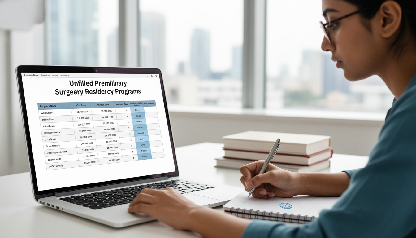 Non-US Citizen IMG reviewing unfilled prelim surgery programs list during SOAP - non-US citizen IMG for SOAP Preparation for