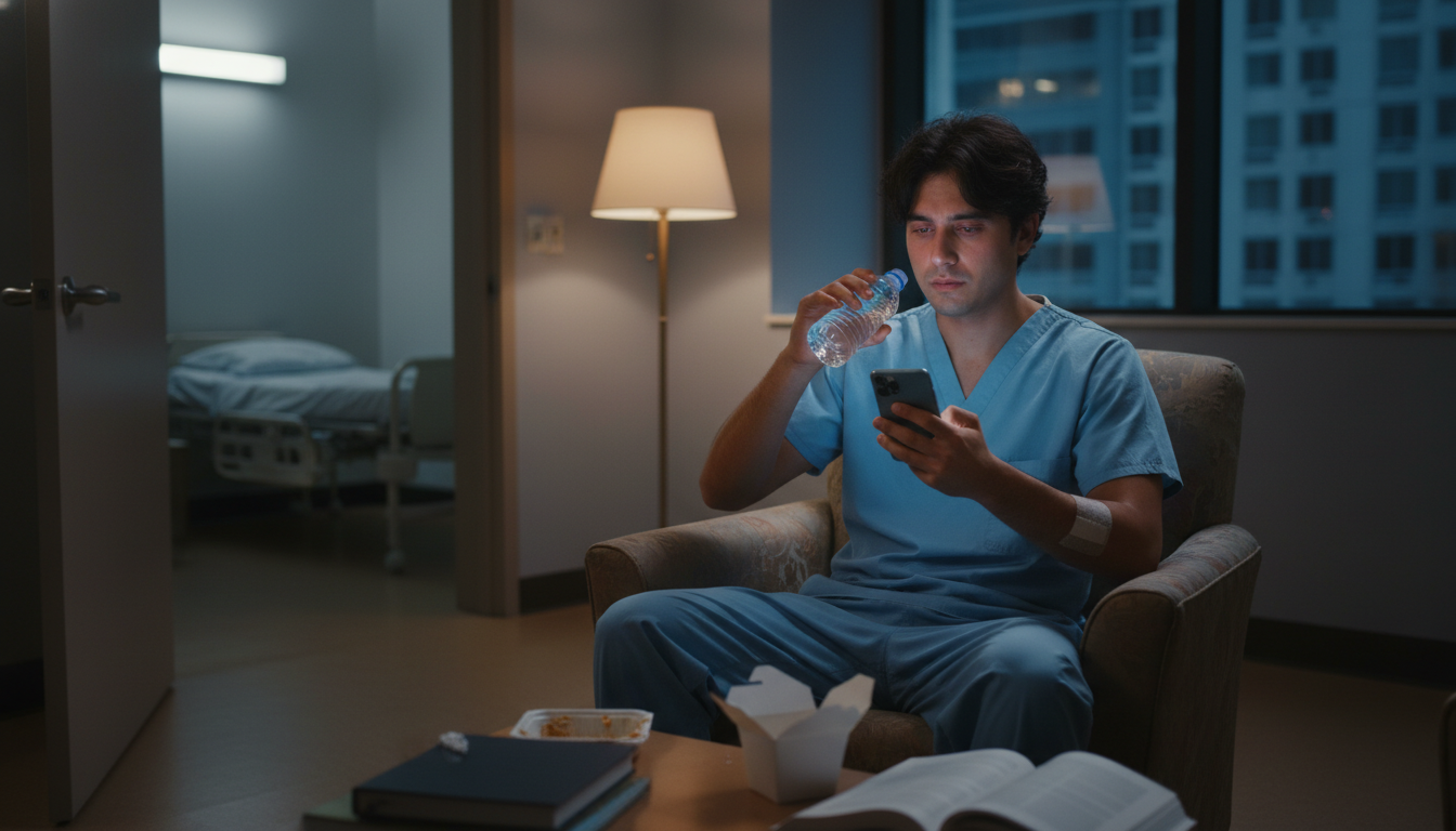 Exhausted surgery resident taking a brief break in hospital lounge Exhausted surgery resident taking a brief break in hospital lounge - non-US citizen IMG for Work-Life Balance Assessment for