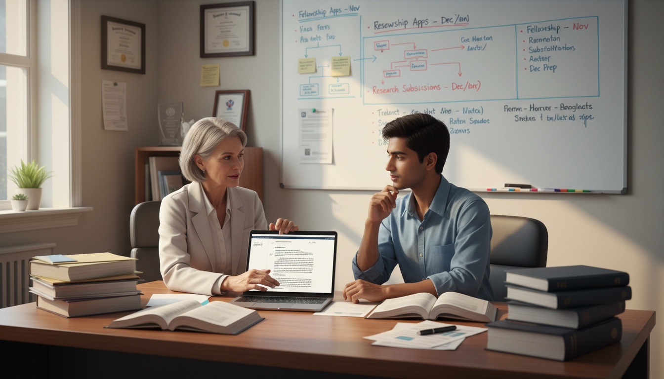Psychiatry resident discussing research with mentor Psychiatry resident discussing research with mentor - non-US citizen IMG for Fellowship Preparation for Non-US Citizen IMG in