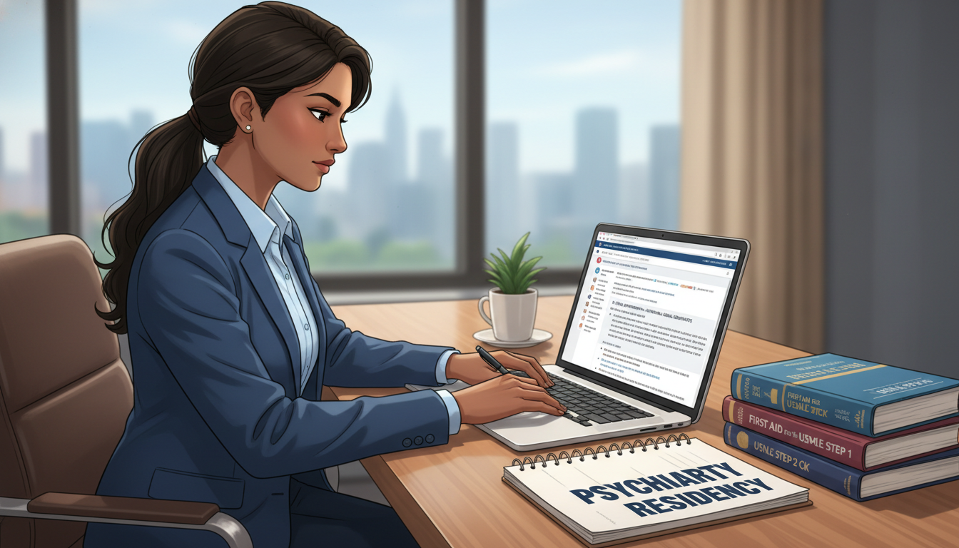 IMG psychiatry applicant researching H-1B friendly residency programs on laptop IMG psychiatry applicant researching H-1B friendly residency programs on laptop - non-US citizen IMG for H-1B Sponsorship Pro