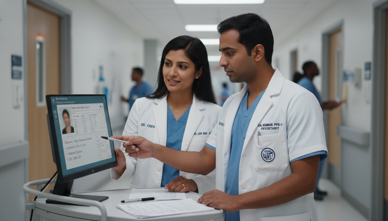 Resident and attending psychiatrist discussing patient case - non-US citizen IMG for Common Interview Questions for Non-US Ci