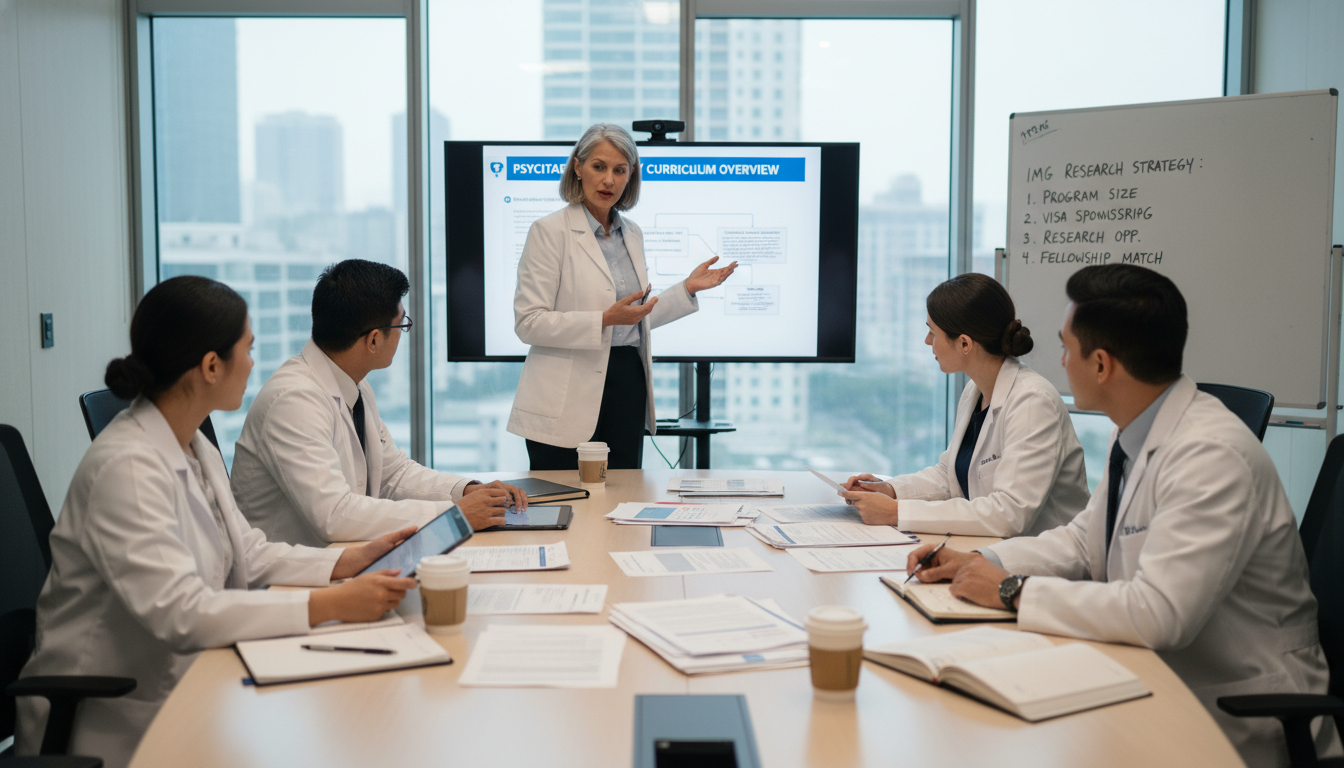 Psychiatry residents reviewing program curriculum together Psychiatry residents reviewing program curriculum together - non-US citizen IMG for How to Research Programs for Non-US Citiz