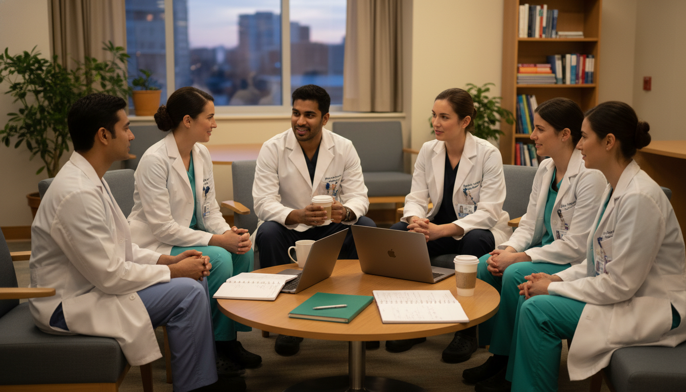 Psychiatry residents discussing residency program support Psychiatry residents discussing residency program support - non-US citizen IMG for Questions to Ask Programs for Non-US Citiz