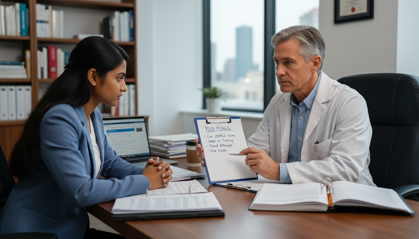 International medical graduate in mentorship meeting about residency red flags International medical graduate in mentorship meeting about residency red flags - non-US citizen IMG for Addressing Red Flags