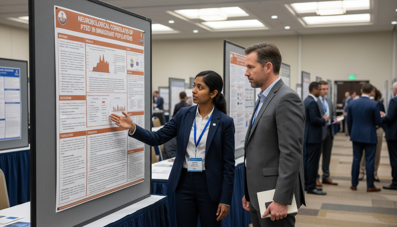 Psychiatry resident presenting a research poster at a medical conference - non-US citizen IMG for Research During Residency f