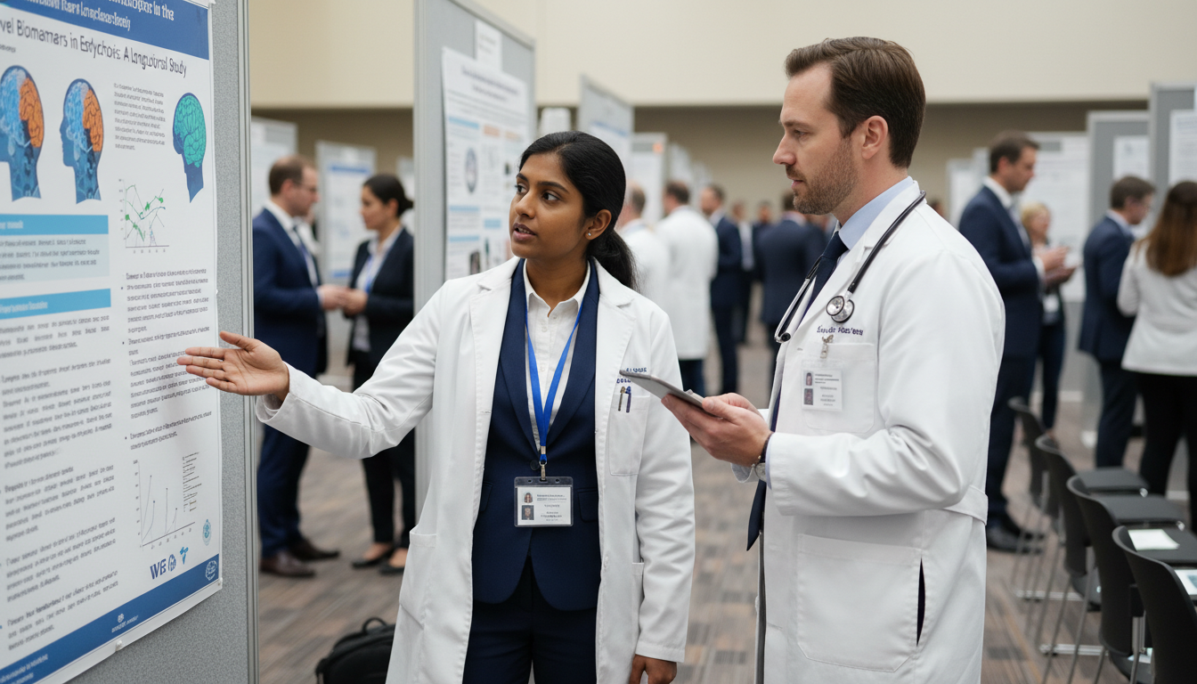 International medical graduate presenting a psychiatry research poster - non-US citizen IMG for Research Profile Building for