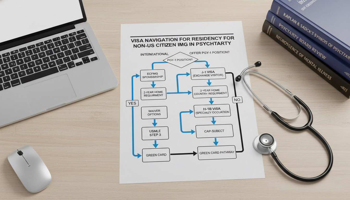 Flowchart of visa options for non-US citizen psychiatry residency applicants - non-US citizen IMG for Visa Navigation for Res