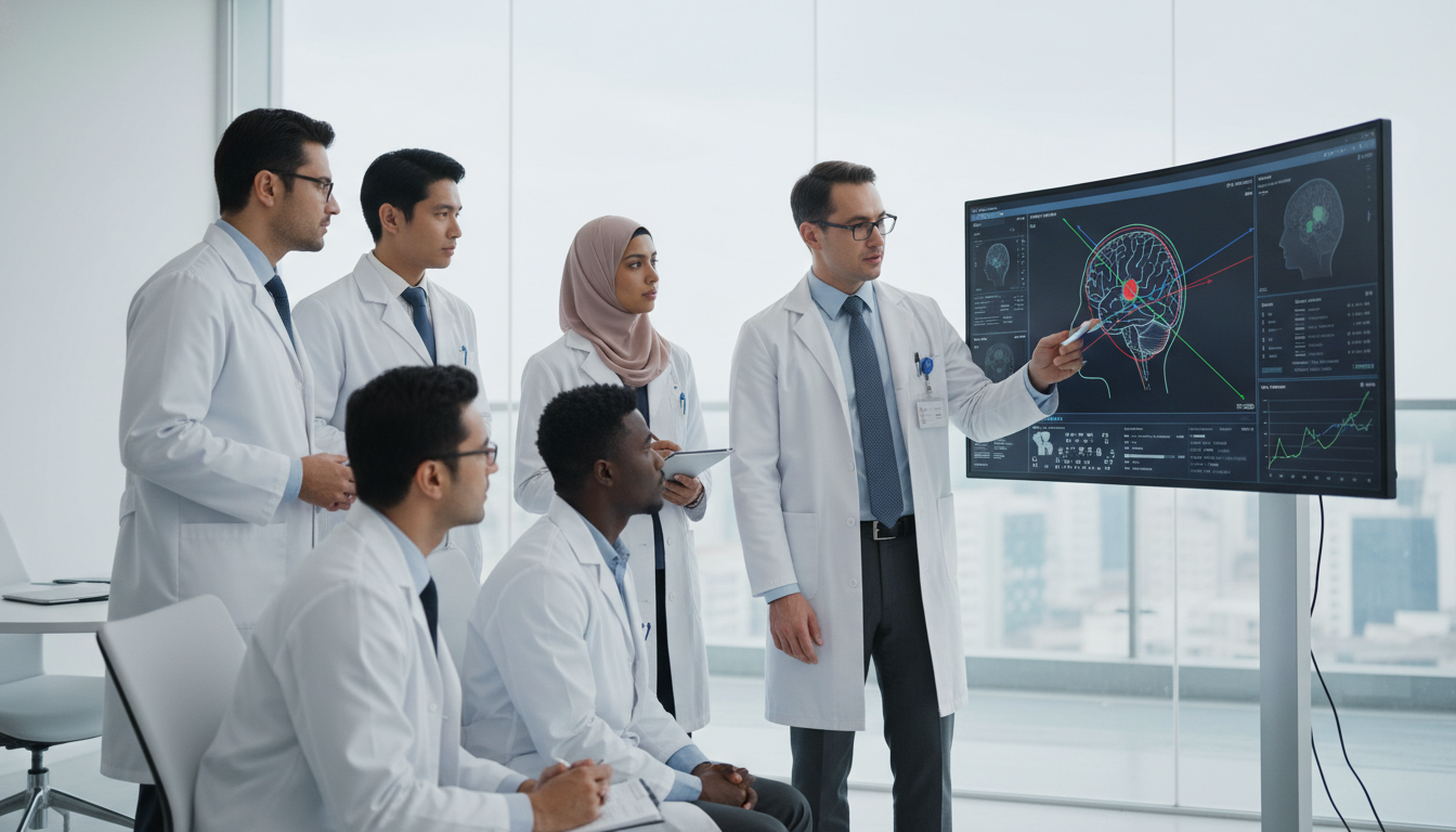 Radiation oncology team discussing treatment plan in academic hospital Radiation oncology team discussing treatment plan in academic hospital - non-US citizen IMG for Academic vs Private Practice