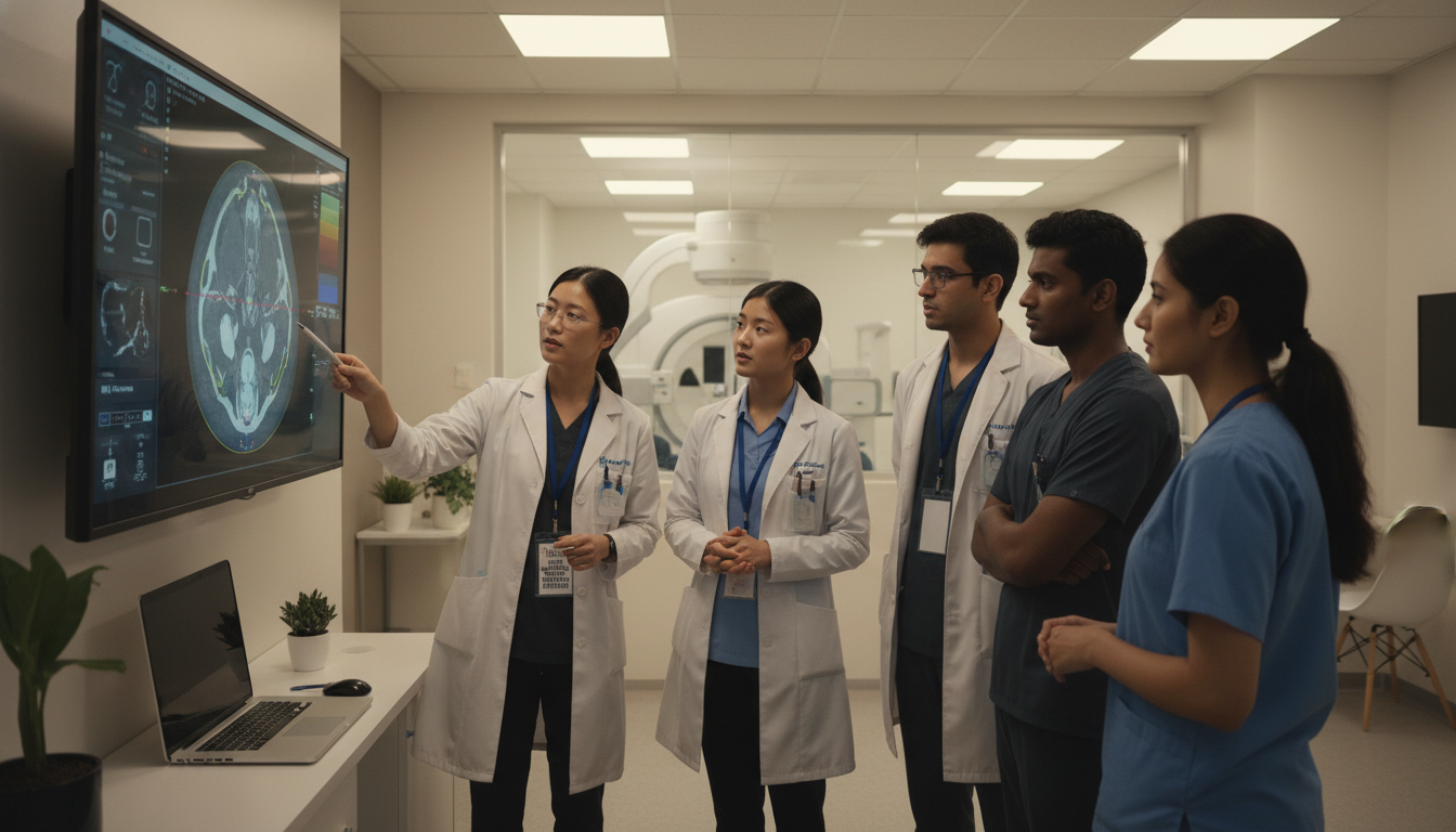 Radiation oncology team with international visiting student during contouring session - non-US citizen IMG for Away Rotation