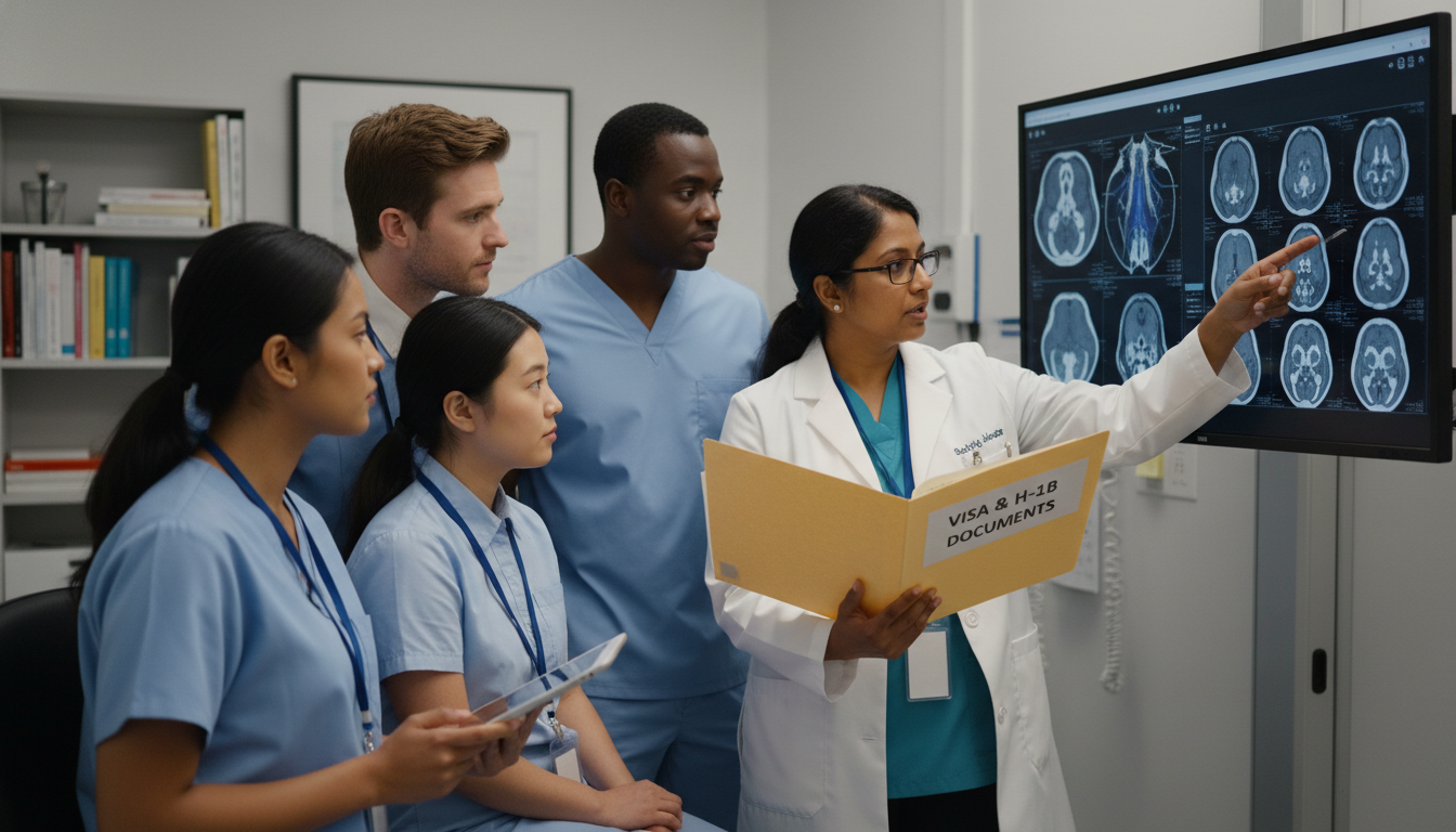 Radiation oncology residents discussing treatment plans and visa options Radiation oncology residents discussing treatment plans and visa options - non-US citizen IMG for H-1B Sponsorship Programs f