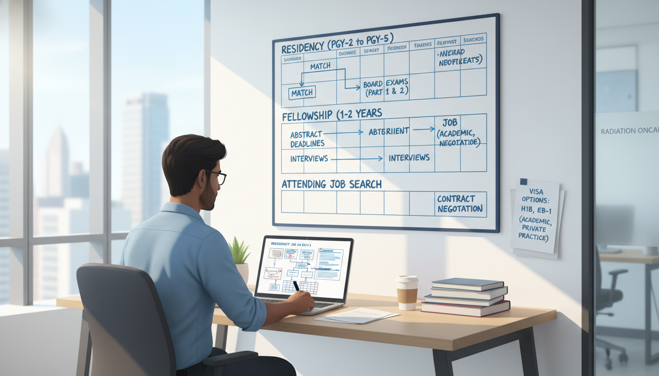 Radiation oncology resident mapping out job search timeline on a calendar - non-US citizen IMG for Job Search Timing for Non-