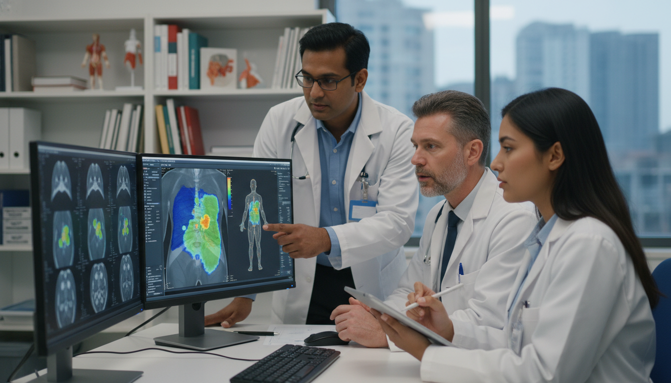 Radiation oncology team reviewing treatment plans with an IMG student Radiation oncology team reviewing treatment plans with an IMG student - non-US citizen IMG for Letters of Recommendation for
