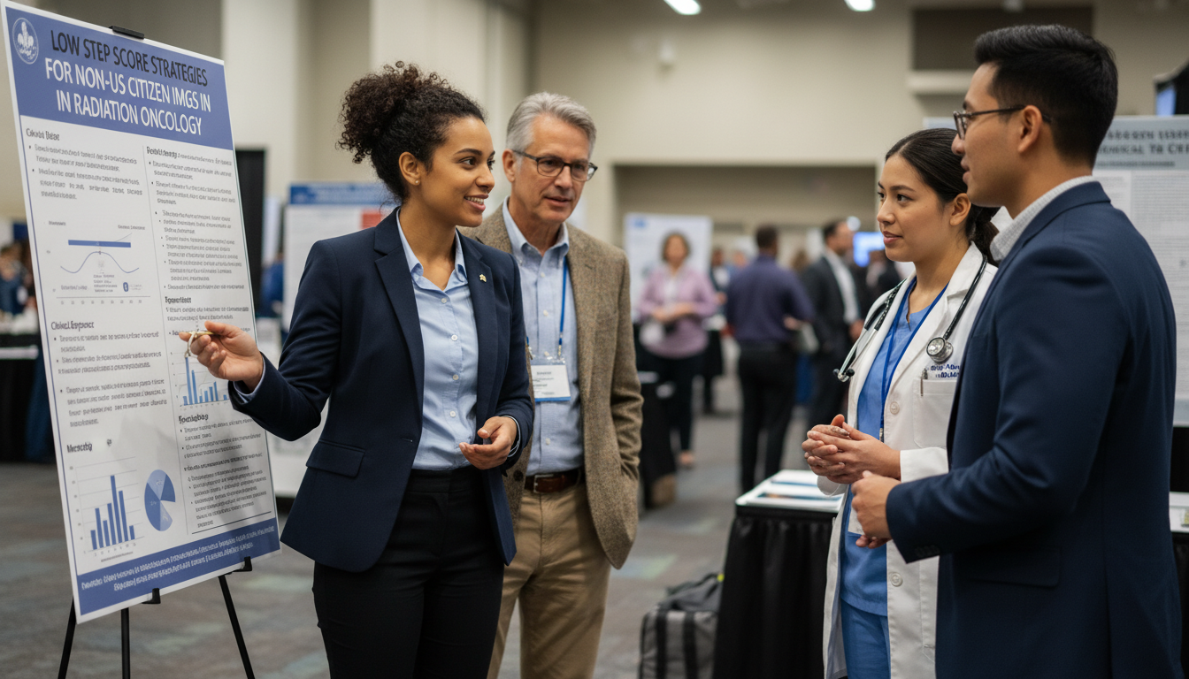 International medical graduate presenting radiation oncology research poster - non-US citizen IMG for Low Step Score Strategi