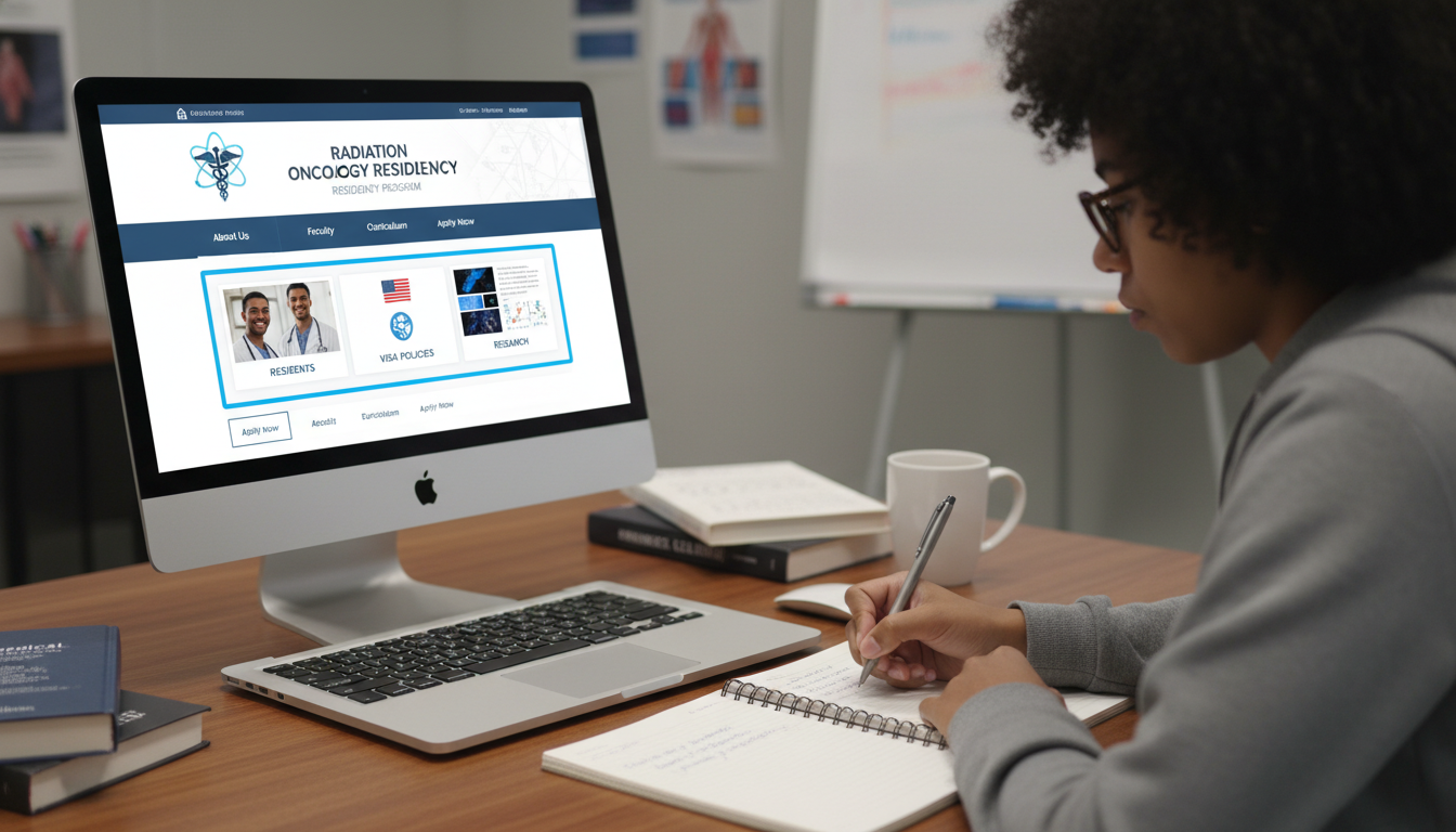 Resident reviewing a radiation oncology residency website Resident reviewing a radiation oncology residency website - non-US citizen IMG for How to Research Programs for Non-US Citize