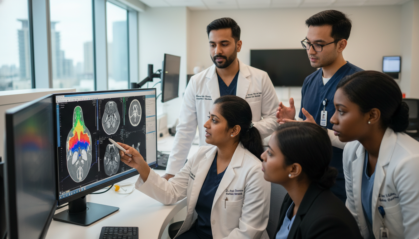 Radiation oncology residents in treatment planning room discussing cases Radiation oncology residents in treatment planning room discussing cases - non-US citizen IMG for Questions to Ask Programs f