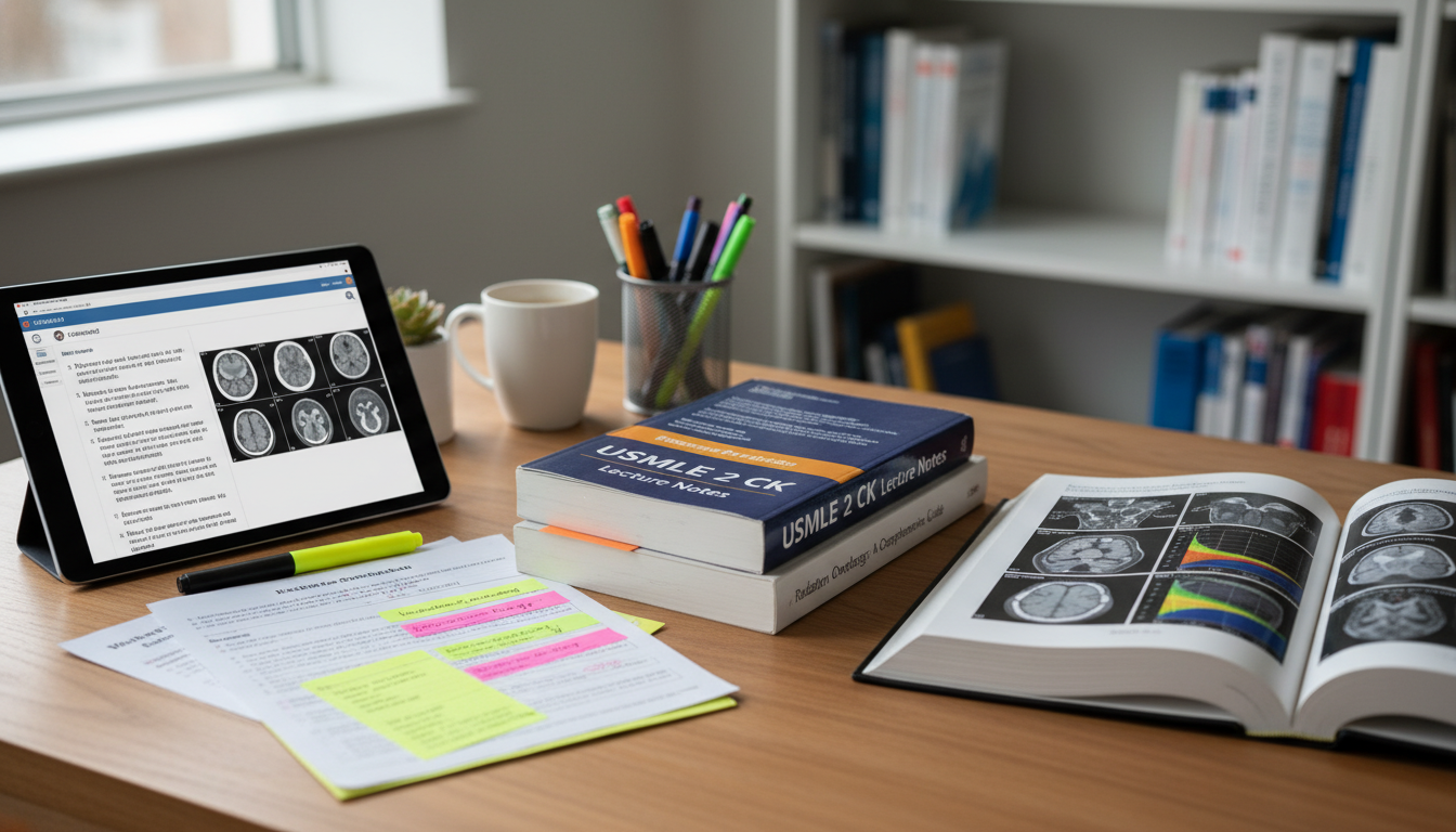 USMLE Step 2 CK resources and radiation oncology materials on desk USMLE Step 2 CK resources and radiation oncology materials on desk - non-US citizen IMG for USMLE Step 2 CK Preparation for N