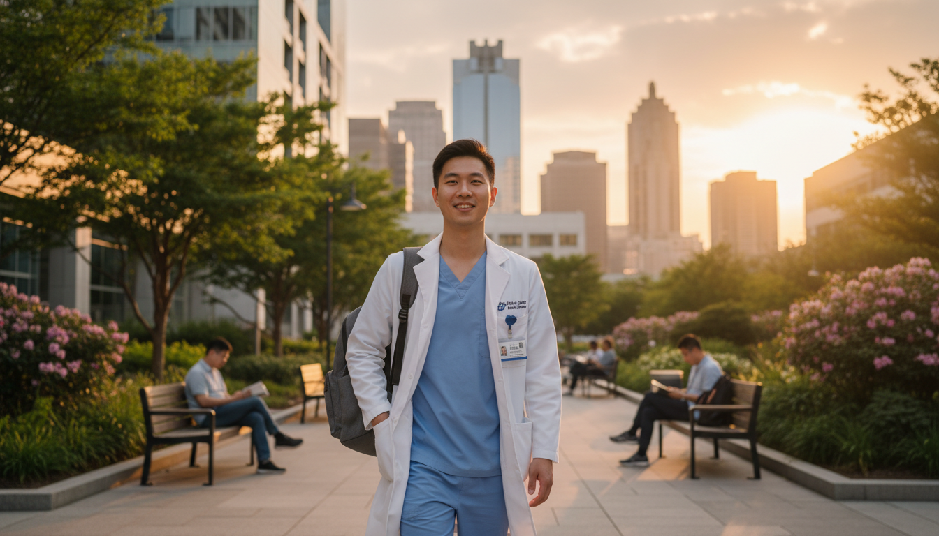 Radiation oncology resident walking outdoors after work Radiation oncology resident walking outdoors after work - non-US citizen IMG for Work-Life Balance Assessment for Non-US Citi