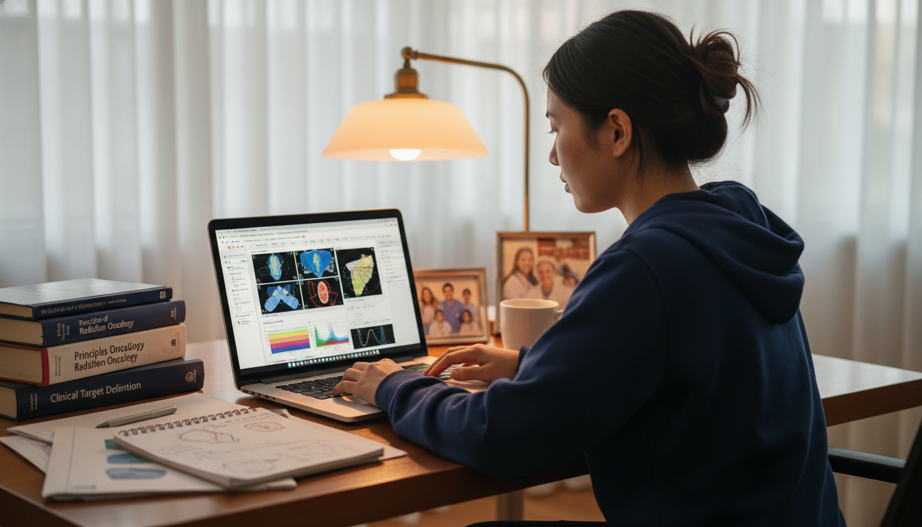 Radiation oncology resident studying treatment plans on computer at home Radiation oncology resident studying treatment plans on computer at home - non-US citizen IMG for Work-Life Balance Assessmen