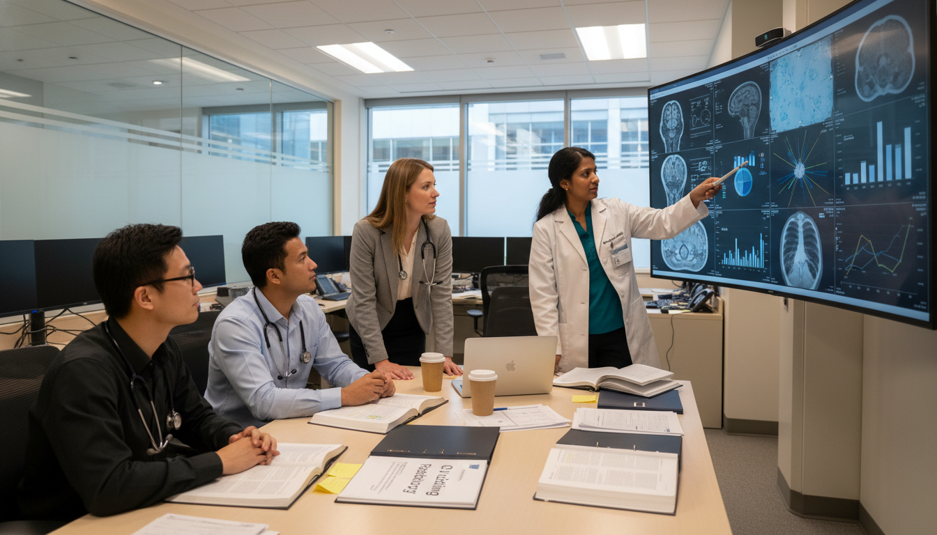 Radiology research team of international graduates discussing imaging studies Radiology research team of international graduates discussing imaging studies - non-US citizen IMG for CV Building for Non-US