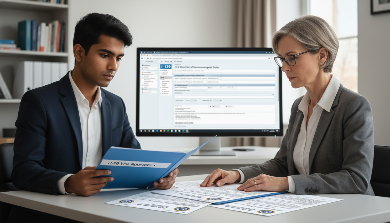 Radiology residency applicant reviewing H-1B visa paperwork with advisor Radiology residency applicant reviewing H-1B visa paperwork with advisor - non-US citizen IMG for H-1B Sponsorship Programs f