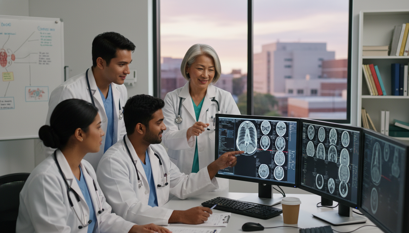 Radiology residents and international medical graduate reviewing imaging in a reading room Radiology residents and international medical graduate reviewing imaging in a reading room - non-US citizen IMG for Letters o
