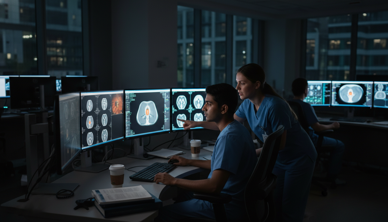 Resident reviewing diagnostic radiology cases in a reading room - non-US citizen IMG for Program Selection Strategy for Non-U