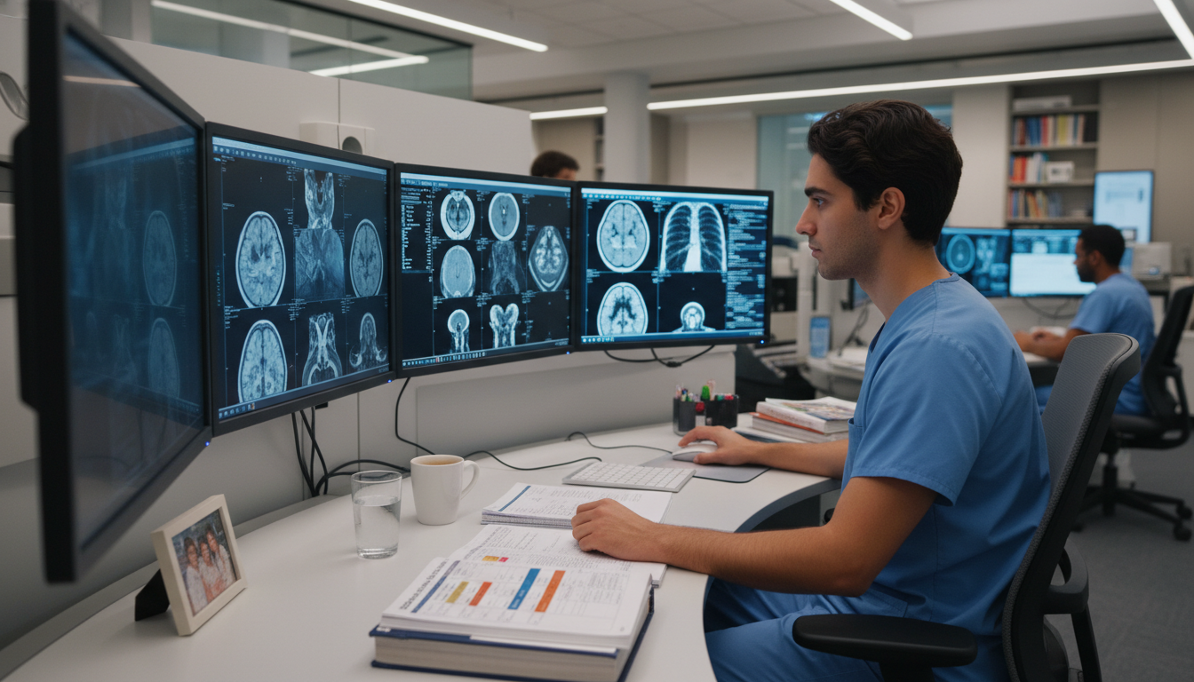 Radiology resident reviewing imaging studies on multiple monitors Radiology resident reviewing imaging studies on multiple monitors - non-US citizen IMG for Addressing Red Flags for Non-US Ci