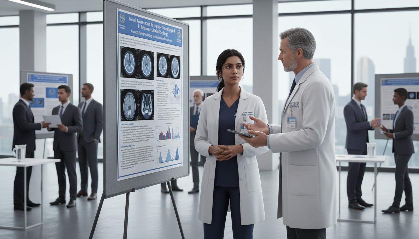 Radiology resident discussing a research poster with a mentor - non-US citizen IMG for Research During Residency for Non-US C