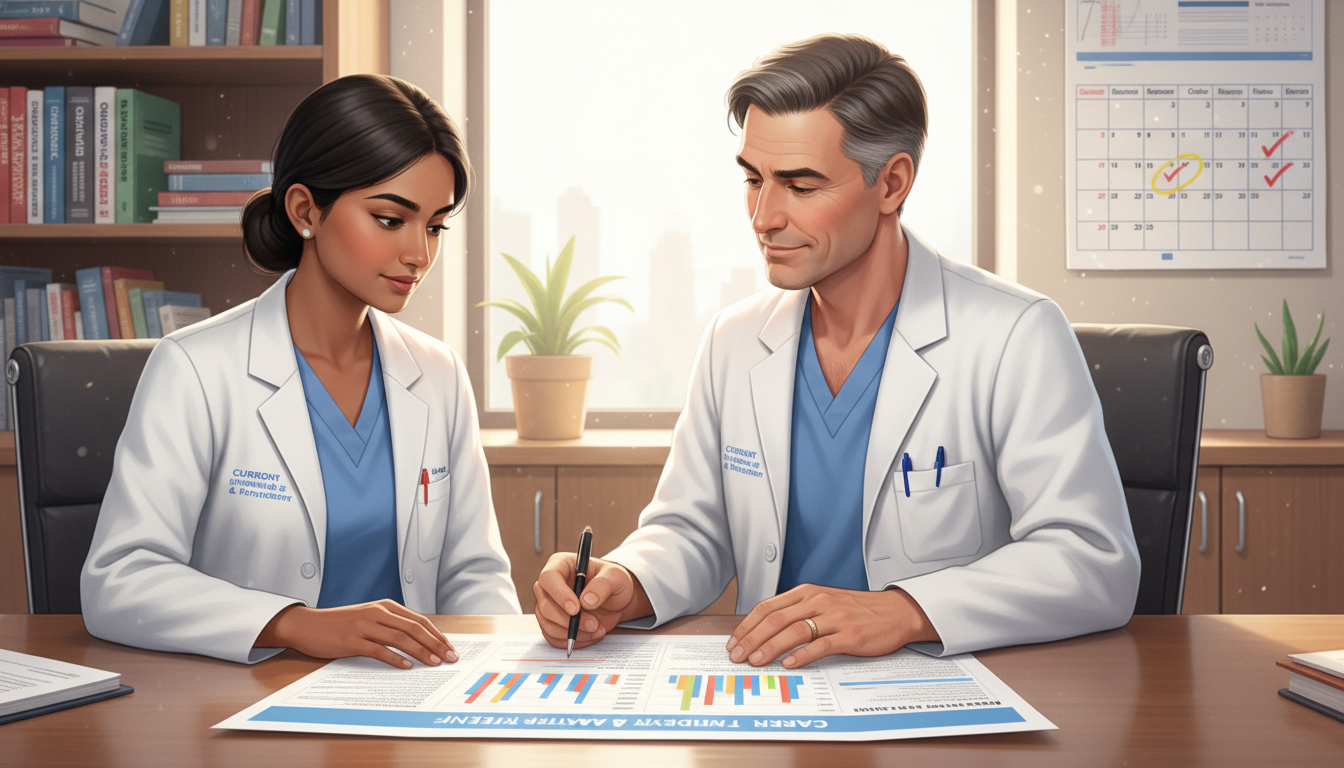 Transitional year resident meeting with program director to plan career pathway Transitional year resident meeting with program director to plan career pathway - non-US citizen IMG for Job Search Timing fo