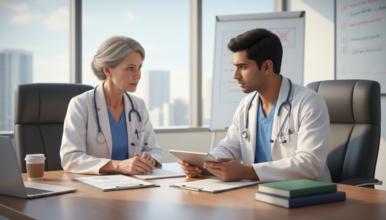 Transitional year resident discussing career goals with mentor Transitional year resident discussing career goals with mentor - non-US citizen IMG for Networking in Medicine for Non-US Cit